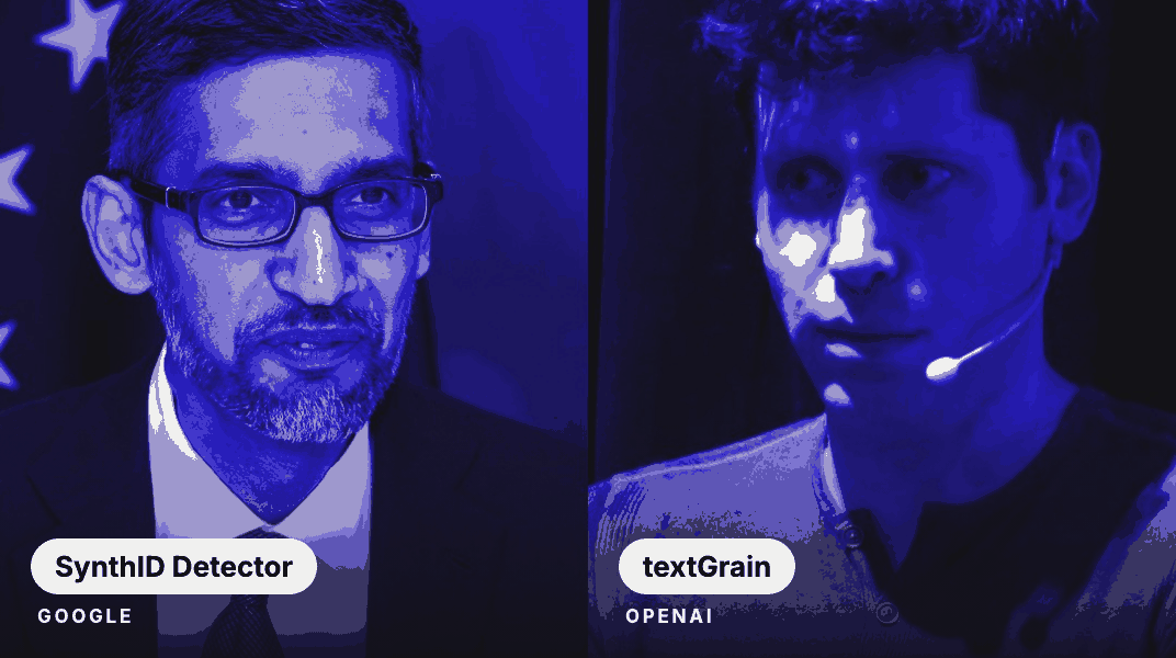 Sundar Pichai e Sam Altman, com os nomes SynthID Detector (Google) e textGrain (OpenAI)