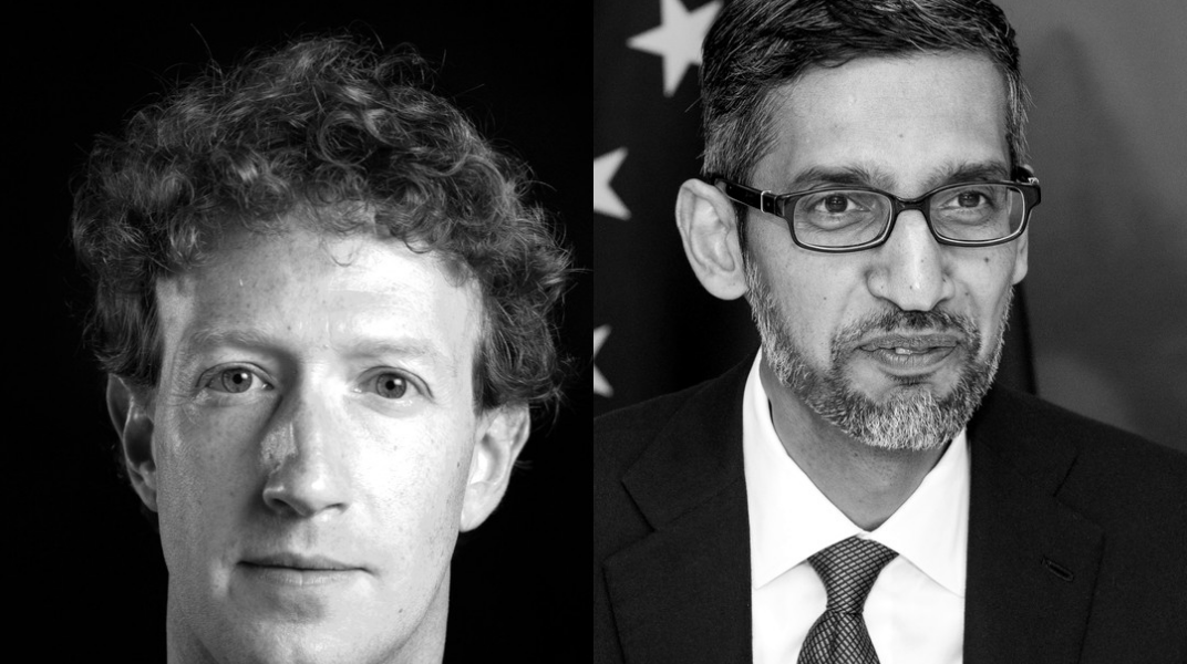 Mark Zuckerberg e Sundar Pichai, a preto e branco